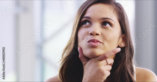 Thinking, face and happy woman with decision, conclusion or problem solving solution in her home. Why, questions and portrait of female person in a living room with idea, plan or brainstorming choice