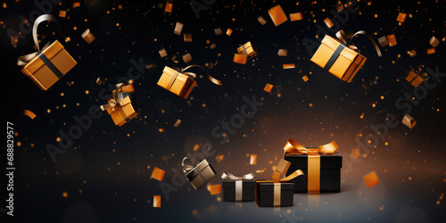 Holiday Celebration: Dark and Golden Background with Gifts, New Year/Christmas Card