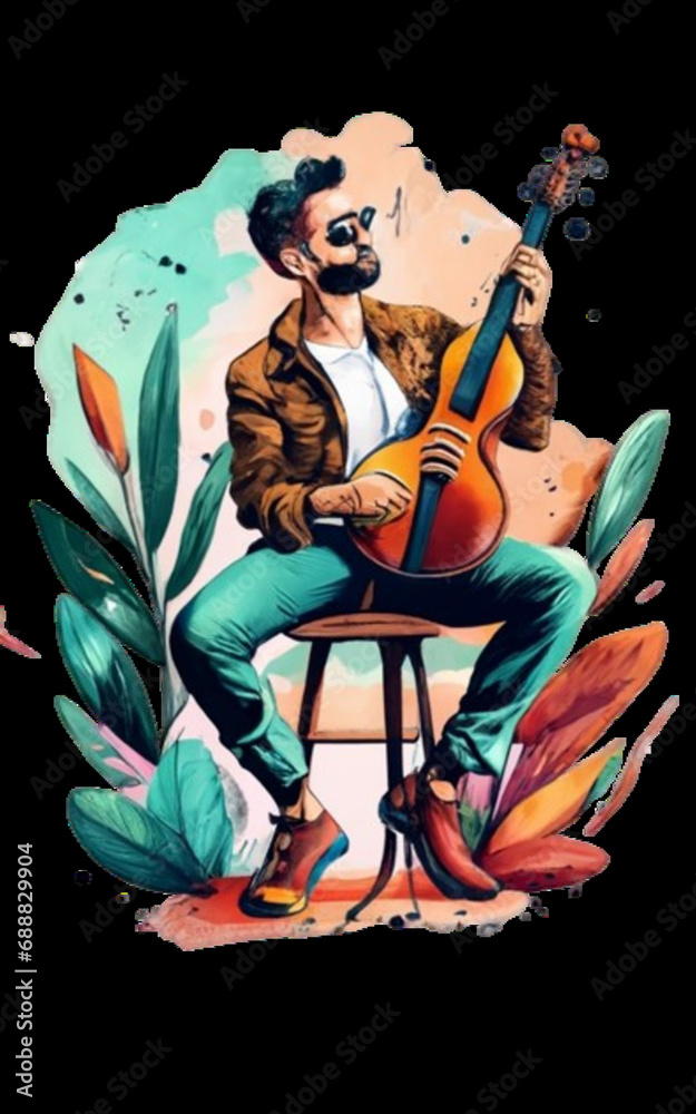 Bearded man with glasses playing acoustic guitar.
