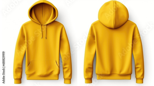 Yellow hoodie with a blank front and back view, mockup, white background.