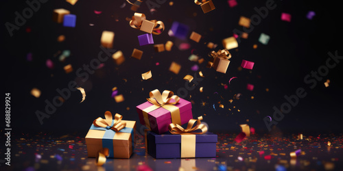Holiday Celebration: Dark and Golden Background with Gifts, New Year/Christmas Card © B & G Media