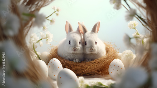 Easter banner or cover for a website in soft nude tones depicting Easter eggs and flowers and bunnies with space for text