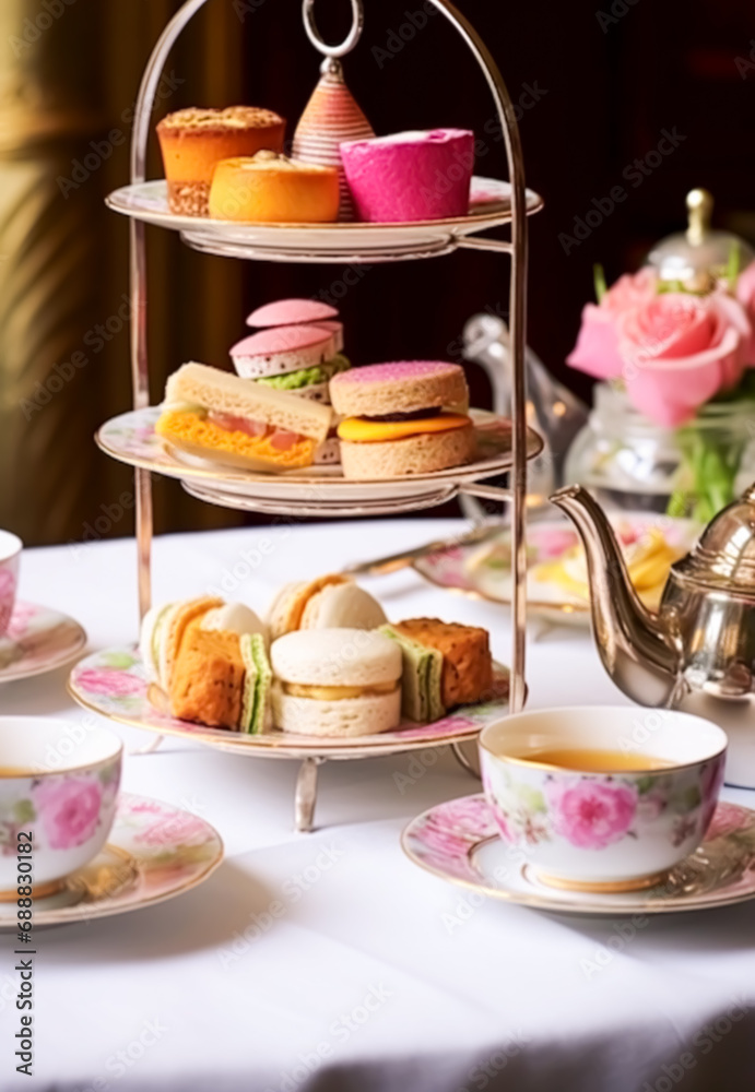 Afternoon tea, English tradition and restaurant service, tea cups, cakes, scones, sanwiches and desserts, holiday table decor and afternoon tea stand with pink flowers, generative ai Afternoon tea, English tradition and restaurant service, tea cups, cakes, scones, sanwiches and desserts, holiday table decor and afternoon tea stand with pink flowers, generative ai
