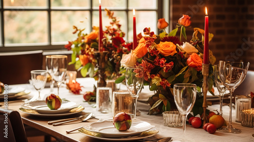 Autumn holiday tablescape, formal dinner table setting, table scape with elegant autumnal floral decor for wedding party and event decoration