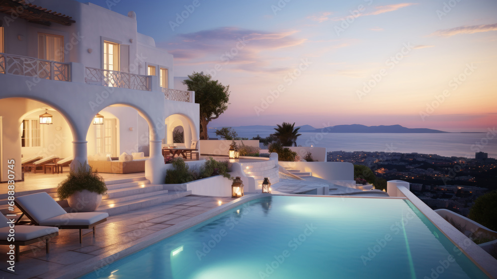 Luxury resort hotel with pool overlooking sea at night in summer. Rich mansion with terrace near beach, white house or villa in Greek style. Concept of property, Greece and travel