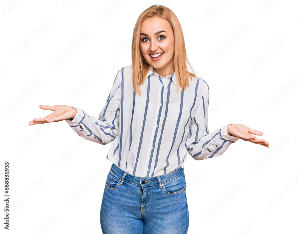 Beautiful caucasian woman wearing casual clothes smiling cheerful offering hands giving assistance and acceptance. Beautiful caucasian woman wearing casual clothes smiling cheerful offering hands giving assistance and acceptance.
