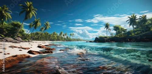 Serene caribbean beachscape with towering palm trees  rocky shoreline  and crystal aqua waters  evoking a sense of tranquility and tropical paradise