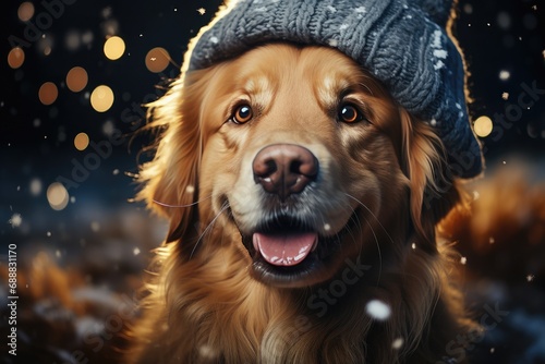 A furry golden retriever braves the chilly winter snow with a cozy knit hat, showcasing its playful personality and warm fashion sense photo