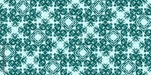 Teal green white vibrant watercolor batik azulejos tile border banner background. Seamless aqua coastal blur linen effect geometric mosaic effect.Boho Patchwork nautical masculine summer ribbon trim. 