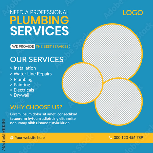 Creative plumbing service social media post design template for business advertisement marketing

EPS10
RGB Color
300DPI