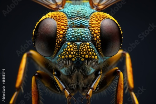Close-up of the head of a bee on a black background, colorful insect macro shot, Bee under microscope macro portrait, isolated on black background