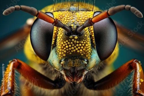 Close-up of the head of a hornet, Macro photography, colorful Hornet head macro, Extreme macro closeup of a hornet in nature