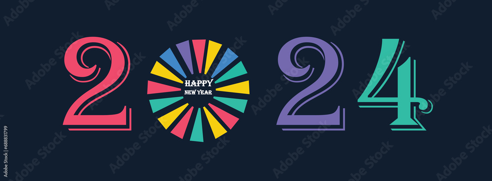 Happy new year 2024 design and colorful truncated number illustrations. Premium vector design for poster, banner, greeting and new year 2024 celebration.