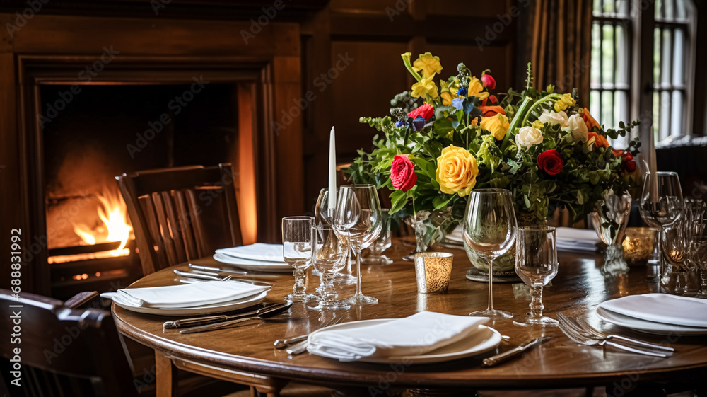 Holiday celebration table decor, festive tablescape in dining room, candles and flowers decoration for formal family dinner in the English country house, countryside interior design Holiday celebration table decor, festive tablescape in dining room, candles and flowers decoration for formal family dinner in the English country house, countryside interior design