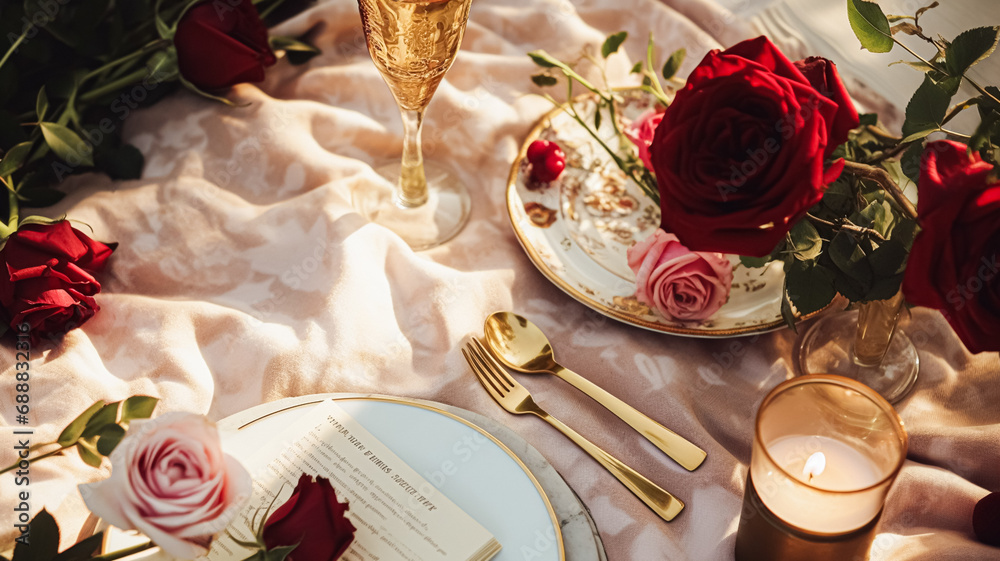 Wedding and event celebration tablescape with flowers, formal dinner table setting with roses and wine, elegant floral table decor for dinner party and holiday decoration, home styling Wedding and event celebration tablescape with flowers, formal dinner table setting with roses and wine, elegant floral table decor for dinner party and holiday decoration, home styling