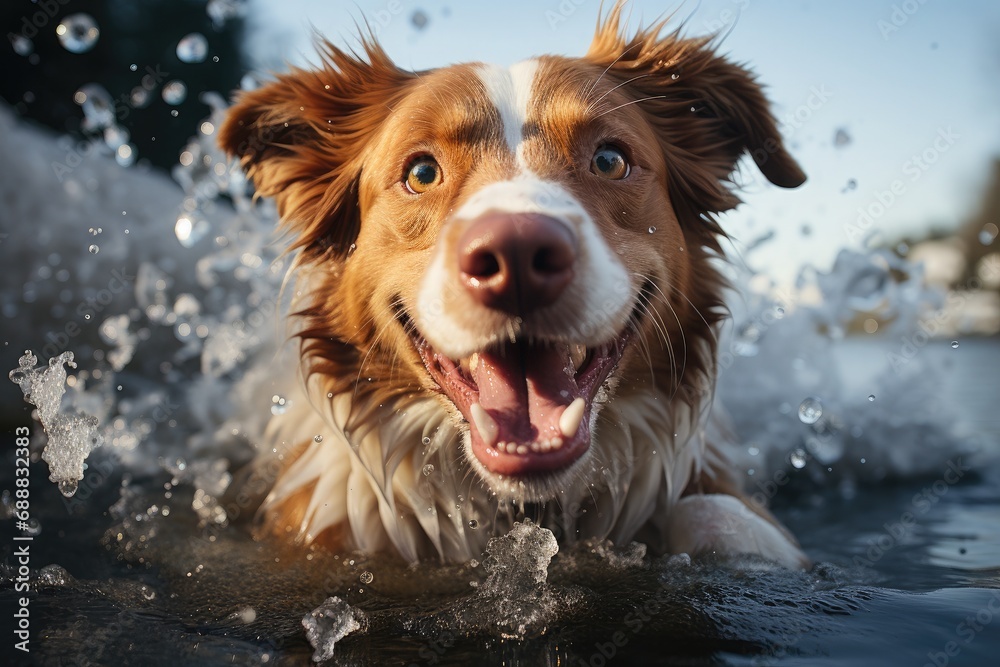 A majestic collie, fully embracing its love for the outdoors, eagerly splashes in the cool water with its mouth open in pure joy