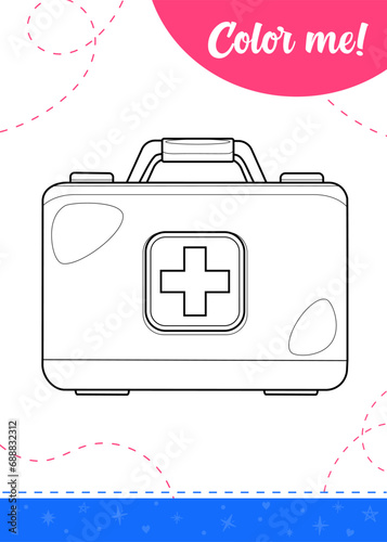 Coloring page for kids with cartoon medicine bag.
A printable worksheet, vector illustration.

