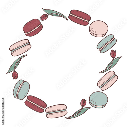 Wreath from macaroons and tulips in boho colors. Vector flat illustration of dessert for menu, logo of cafe or pastry store.