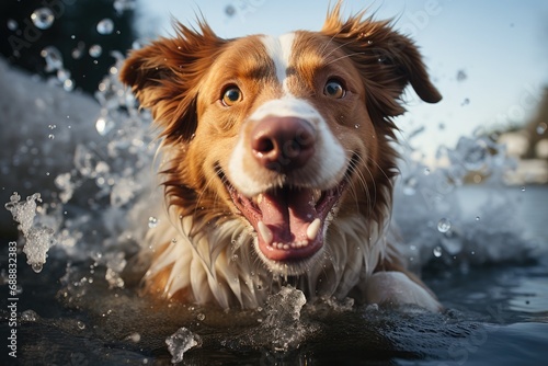 A majestic collie, fully embracing its love for the outdoors, eagerly splashes in the cool water with its mouth open in pure joy © Larisa AI