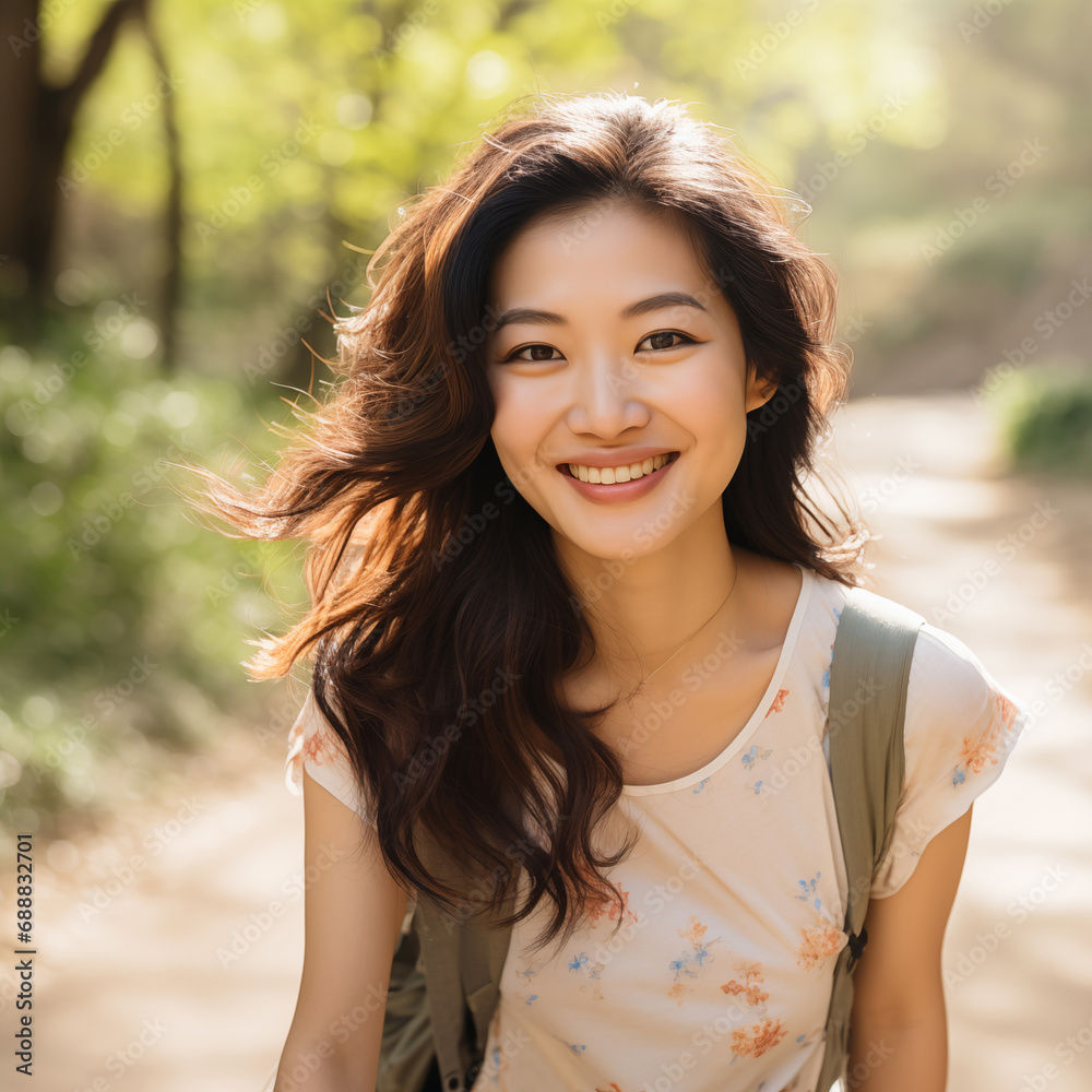 Portrait of young Asian woman walking on path smiling towards the camera. Portrait of young Asian woman walking on path smiling towards the camera.