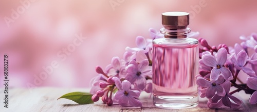 Close-up of a fresh pink lilac blossom in an essential oil dropper bottle, used for herbal aromatherapy beauty treatments and spa massages. It has a soft pastel color and a soothing scent.