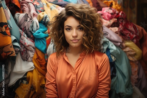 A young girl stands in front of a mountain of colorful clothes, her face a mix of determination and excitement as she browses through the indoor market on a busy street, her hair flowing freely behin photo
