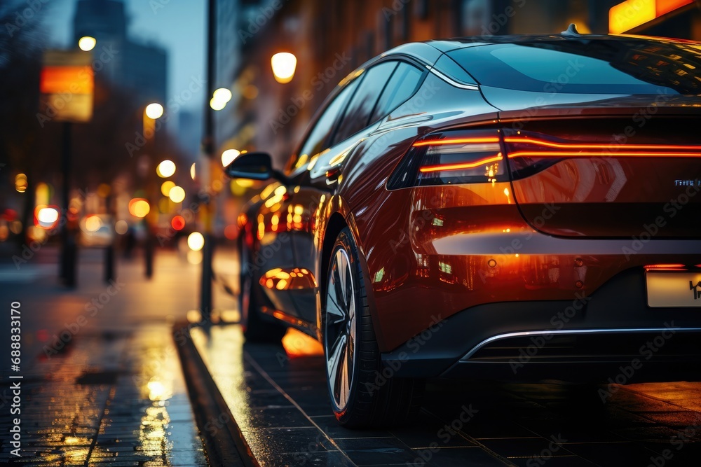 A sleek sports sedan, with its luxurious design and glowing automotive lighting, stands out among the darkness of the night as it sits parked on the sidewalk, a bold contrast to the outdoor road it w