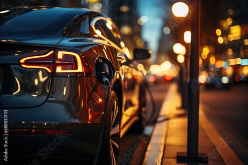 A sleek luxury car charges under the city lights at a bustling charging station, its wheels glinting in the night as it awaits its next journey on the open road © Larisa AI