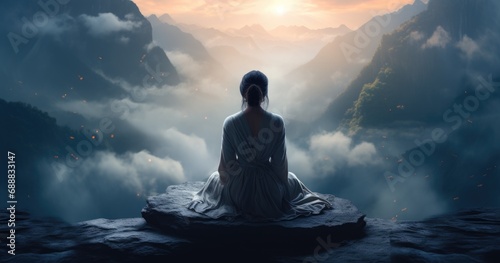 Serene mountain repose: girl finding tranquility in nature's embrace, panoramic relaxation amid breathtaking landscapes. photo