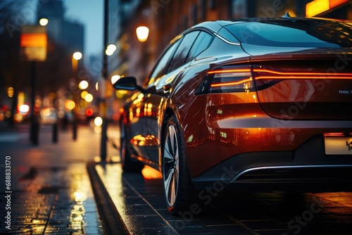 A sleek sports sedan, with its luxurious design and glowing automotive lighting, stands out among the darkness of the night as it sits parked on the sidewalk, a bold contrast to the outdoor road it w photo