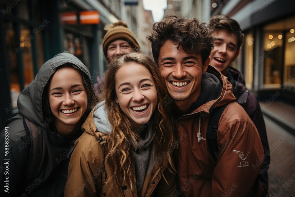 A group of friends laughing and smiling in their winter jackets while posing for a photo in front of a building on the street, showcasing their strong bond and genuine happiness A group of friends laughing and smiling in their winter jackets while posing for a photo in front of a building on the street, showcasing their strong bond and genuine happiness