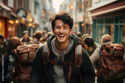 Fototapeta Naklejka Na Ścianę i Meble -  In the bustling city streets, a man's smile shines bright against the sea of people and buildings, his stylish jacket a statement of his confident street fashion