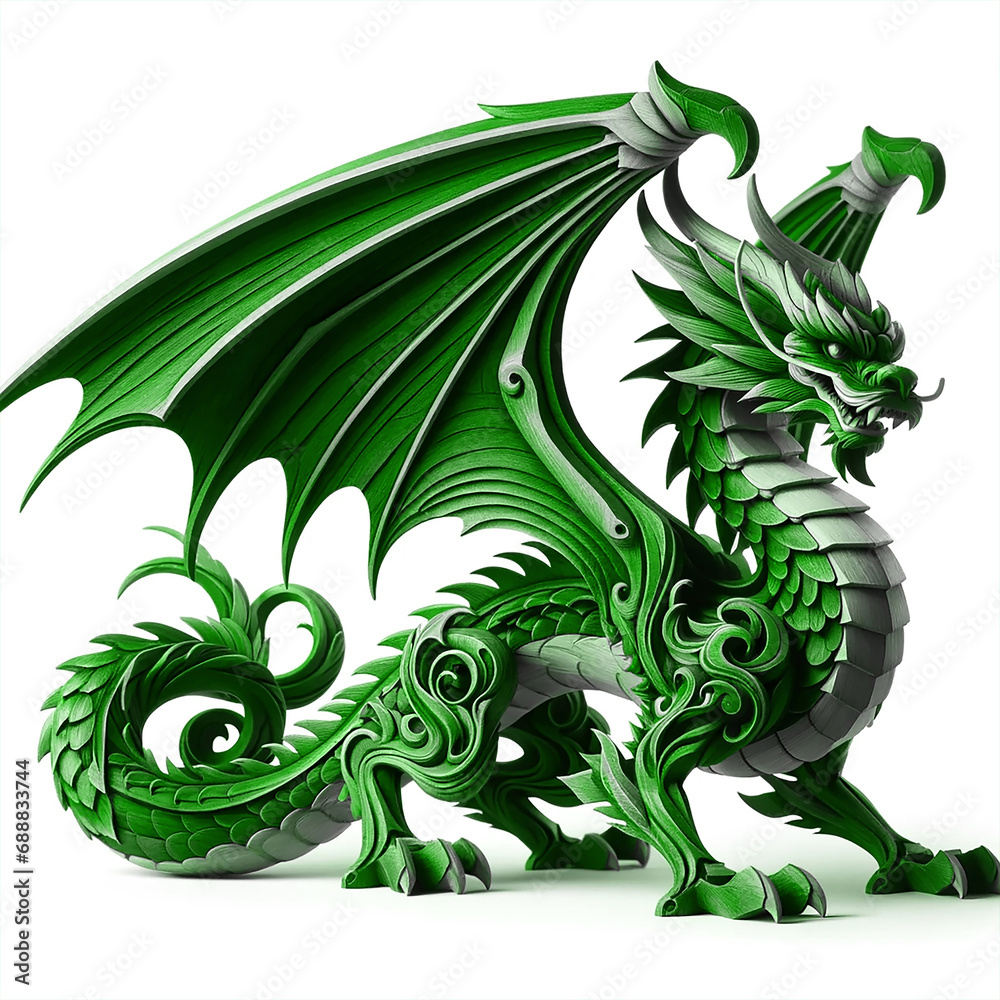 Fototapeta premium Green wooden dragon, symbol of 2024 year, isolated on a white background. The dragon is intricately carved, showing detailed scales and features.