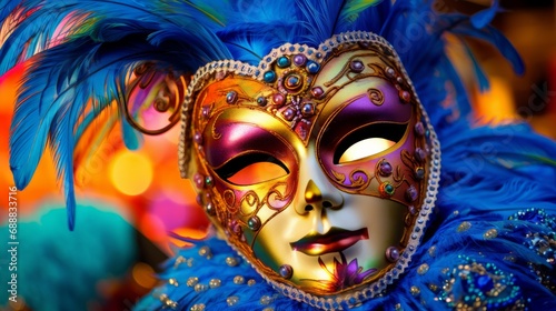 a blue carnival costum wearing a mask and headdress on the blurred background of Venice.