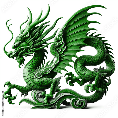 Green wooden dragon, symbol of 2024 year, isolated on a white background. The dragon is intricately carved, showing detailed scales and features.