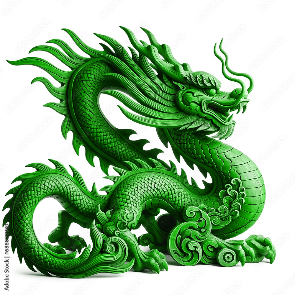 Fototapeta premium Green wooden dragon, symbol of 2024 year, isolated on a white background. The dragon is intricately carved, showing detailed scales and features.