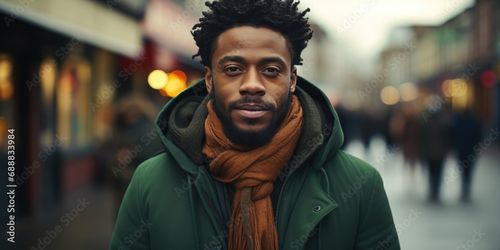 Fototapeta premium In a bustling city street, a man in a green coat stands out with his well-groomed beard and charming smile, his stylish jacket blending perfectly with the surrounding buildings and outdoor setting