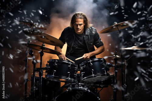 Drummer playing drum kit on stage against a background of light and smoke. A young male musician is passionate about performing and music. Ideal for music-related content, concert promotions