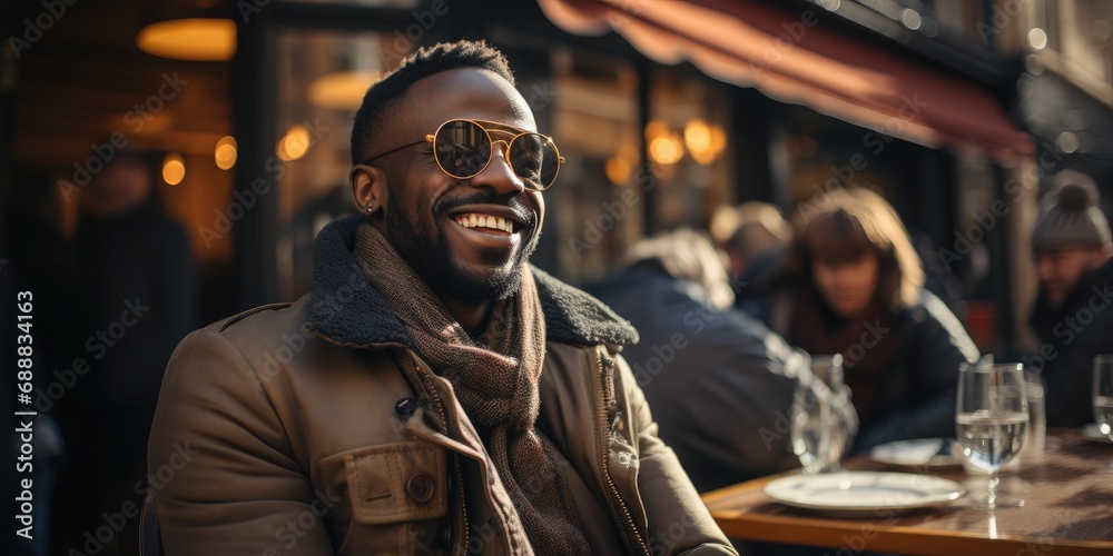 A stylish man with a warm smile enjoys a drink at an outdoor bar, his sunglasses and scarf adding a touch of mystery to his human face