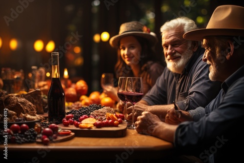 A diverse group of individuals donning fashionable hats sit around a table, indulging in a spread of delicious food and sipping on wine, creating a cozy and stylish indoor gathering photo