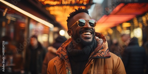 A stylish man sporting sunglasses and a coat confidently navigates the crowded city street, his face beaming with a charming smile