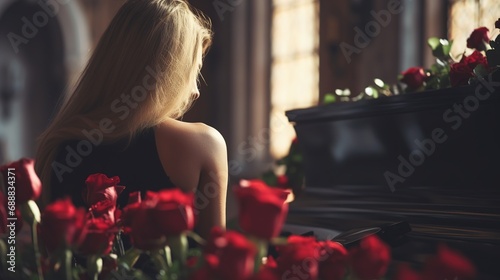 People and mourning concept. Woman with rose flowers and coffin at funeral in church