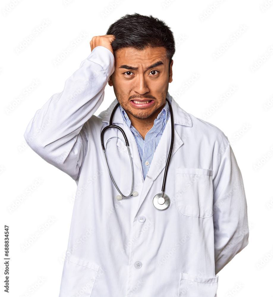 Young Chinese man as a medical doctor in studio being shocked, she has remembered important meeting. Young Chinese man as a medical doctor in studio being shocked, she has remembered important meeting.