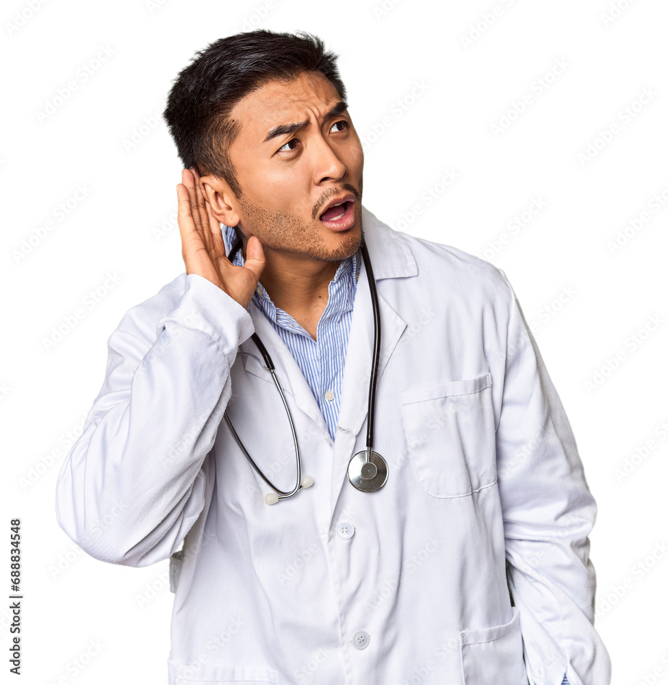Young Chinese man as a medical doctor in studio trying to listening a gossip. Young Chinese man as a medical doctor in studio trying to listening a gossip.