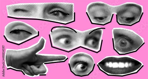 Set of retro halftone parts of body. Surprised look. Paper cut out elements with eyes, lips, mouth. Pointing hand. Y2K style. Trendy newspaper parts. Torn paper. Modern collage elements. Pop art