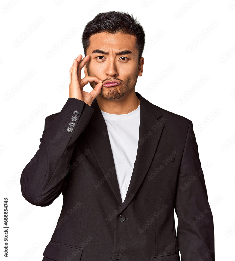 Young Chinese man in business suit in studio with fingers on lips keeping a secret. Young Chinese man in business suit in studio with fingers on lips keeping a secret.