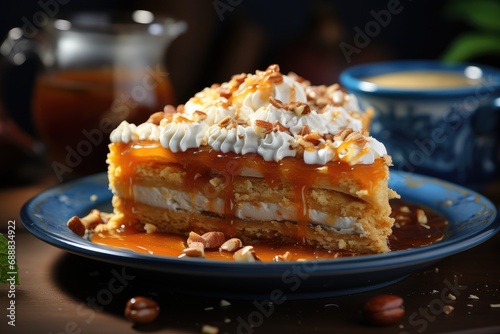 Indulge in the rich and decadent flavors of a moist slice of cake topped with luscious whipped cream and drizzled with golden caramel sauce, served on a delicate plate in the cozy ambiance of an indo