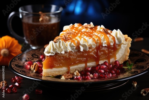 Indulge in a delectable treat with a golden-brown tart topped with creamy whipped cream and drizzled with rich caramel, beautifully displayed on a delicate plate, bringing together the perfect combin