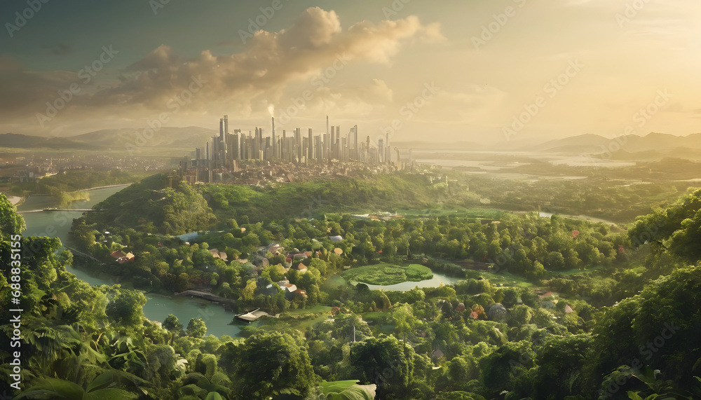 Obraz premium Sustainable environment concept. The image depicts human thinking towards preserving nature, reducing carbon footprint and building sustainable urban community for green future