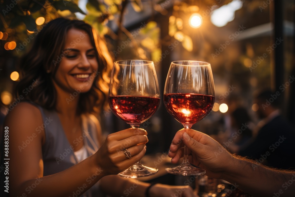 Amidst the clinking of glasses and radiant smiles, a woman savors the rich flavors of red and dessert wines, surrounded by the elegance of stemware and the warmth of good company